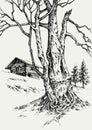 Mountain wooden hut, old tree trunk Royalty Free Stock Photo