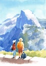 Mountain Yosemite National Park Landscape with People Watercolor Nature Illustration Hand Painted