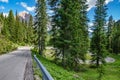 Wide angle view of mountain road in Dolomites with trees