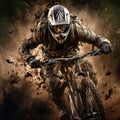 Mountainbike driving fast through mud. Driver with helmet created with Generative AI