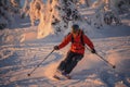 Mountaineer backcountry ski waling in the mountains. Ski touring in high alpine landscape with snowy trees. Adventure winter extre