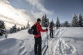 Mountaineer backcountry ski waling in the mountains. Ski touring in high alpine landscape with snowy trees. Adventure winter extre