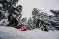 Mountaineer backcountry ski waling two ski alpinist in the mountains. Ski touring in alpine landscape with snowy trees. Adventure