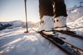 Mountaineer backcountry ski walking in the mountains. Ski touring in high alpine landscape. Adventure winter extreme sport. Sunny