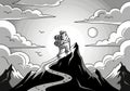 Mountaineer with backpack and stick ascending a winding path towards a distant sun and clouds illustration Royalty Free Stock Photo