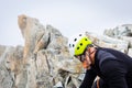 Mountaineer climbing glacier Mont Blanc mountains, France Alps