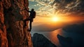 Mountaineer climbs cliff over blue sea sunset