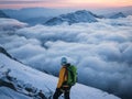 Mountaineer enjoying views during sunrise in high alpine scene above clouds, Austrian Alps, Europe