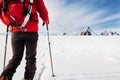 Mountaineer exploring a glacier with the skis during a high-altitude winter expedition in the european Alps.