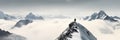 Mountaineer exulting on top of snowy mountain range, Banner Royalty Free Stock Photo