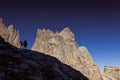 Mountaineer silhouette with awesome dolomite peaks background in Comelico Region