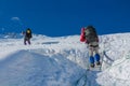 Mountaineer on the snow of mountain glacier in Himalaya summit ascent