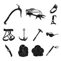 Mountaineering and climbing black icons in set collection for design. Equipment and accessories vector symbol stock web Royalty Free Stock Photo