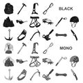 Mountaineering and climbing black icons in set collection for design. Equipment and accessories vector symbol stock web