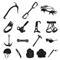 Mountaineering and climbing black icons in set collection for design. Equipment and accessories vector symbol stock web Royalty Free Stock Photo