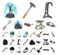 Mountaineering and climbing cartoon, black icons in set collection for design. Equipment and accessories vector symbol Royalty Free Stock Photo