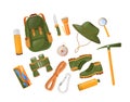 Mountaineering equipment flat color vector objects set