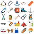 Mountaineering equipment icons set, flat style