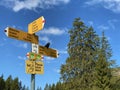 Mountaineering signposts and markings on peaks and slopes of the Pilatus mountain range and in the Emmental Alps, Alpnach