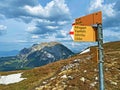 Mountaineering signposts and markings on peaks and slopes of the Pilatus mountain range and in the Emmental Alps, Alpnach