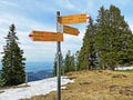 Mountaineering signposts and markings on peaks and slopes of the Pilatus mountain range and in the Emmental Alps, Alpnach