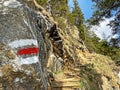 Mountaineering signposts and markings on peaks and slopes of the Pilatus mountain range and in the Emmental Alps, Alpnach