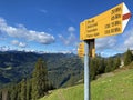 Mountaineering signposts and markings on peaks and slopes of the Pilatus mountain range and in the Emmental Alps, Alpnach