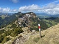 Mountaineering signposts and markings on peaks and slopes of the Pilatus mountain range and in the Emmental Alps, Alpnach