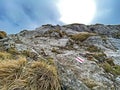 Mountaineering signposts and markings on peaks and slopes of the Pilatus mountain range and in the Emmental Alps, Alpnach