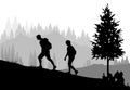 Mountaineering. Silhouettes Of People Climbing And Hiking On Forest Background