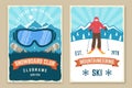 Mountaineering ski retro posters. Vector. Concept for alpine club shirt, print. Vintage typography design with mountain