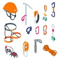 Mountaineering sport climbing equipment on alpinism extreme isometric vector illustration isolated on white. Royalty Free Stock Photo