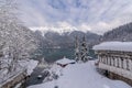 Mountaineous winter lake Ritsa in Arkhaziain winter time