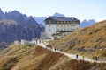 AURONZO DI CADORE, ITALY - OCTOBER 7, 2021: Rifugio Auronzo, Alpine Mountain Hut of the Italian alpine club, Tre Cime di Lavaredo.