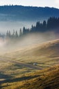 mountainous countryside in morning mist