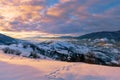 Mountainous countryside in winter at dawn Royalty Free Stock Photo