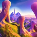 Mountainous globular peaks planet sci-fi landscape in space AI art