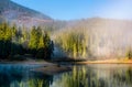 Mountainous lake in foggy forest