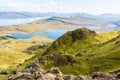 Landscape around the Storr cliffs, toward Loch Leathan, in the Isle of Skye in Scotland