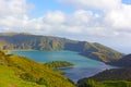 Mountainous landscape of volcanic island with crater lake, Azores, Portugal. Royalty Free Stock Photo