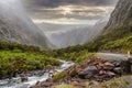 Mountainous Monkey creek flowing through impressive landscape next to Milford Sound highway, New Zealand Royalty Free Stock Photo