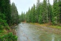 Mountainous rapid river. Shallow mountain river with stone rapids. Water landscape