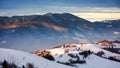 mountainous rural landscape of ukraine in winter at sunrise Royalty Free Stock Photo