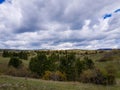 Mountainous springtime countryside, wonderful landscape with grassy meadow and forested hills