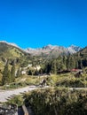 Mountainous terrain with trees and a building