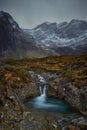 Mountainous valley with river, waterfall and lake. concept of nature, freedom, tourism, trekking - Fairy Pools - Skye Island - Royalty Free Stock Photo