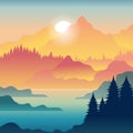 Vector landscape, sunset scene in nature with mountains Royalty Free Stock Photo