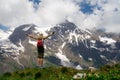 People in Mountains Victory, Tourist Hiking Backpacker Climbing, Tourism Concept Royalty Free Stock Photo