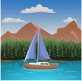 Mountains aerial view vector illustration. Mountain landscape with lake and small yacht