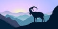 Mountains, alpine ibex and forest at sunrise. landscape with silhouettes Royalty Free Stock Photo